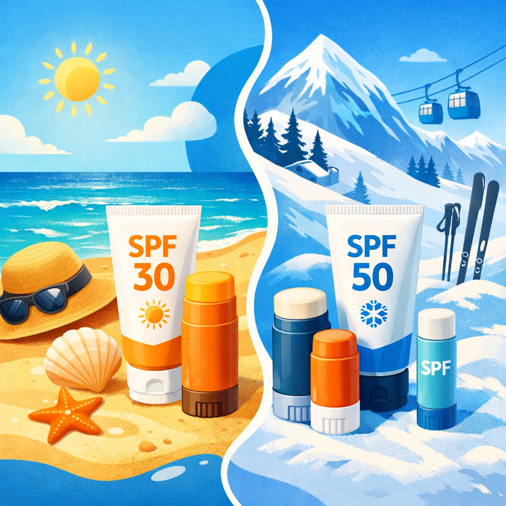 SPF 30 ou SPF 50 : protéger ta peau à la plage comme au ski.