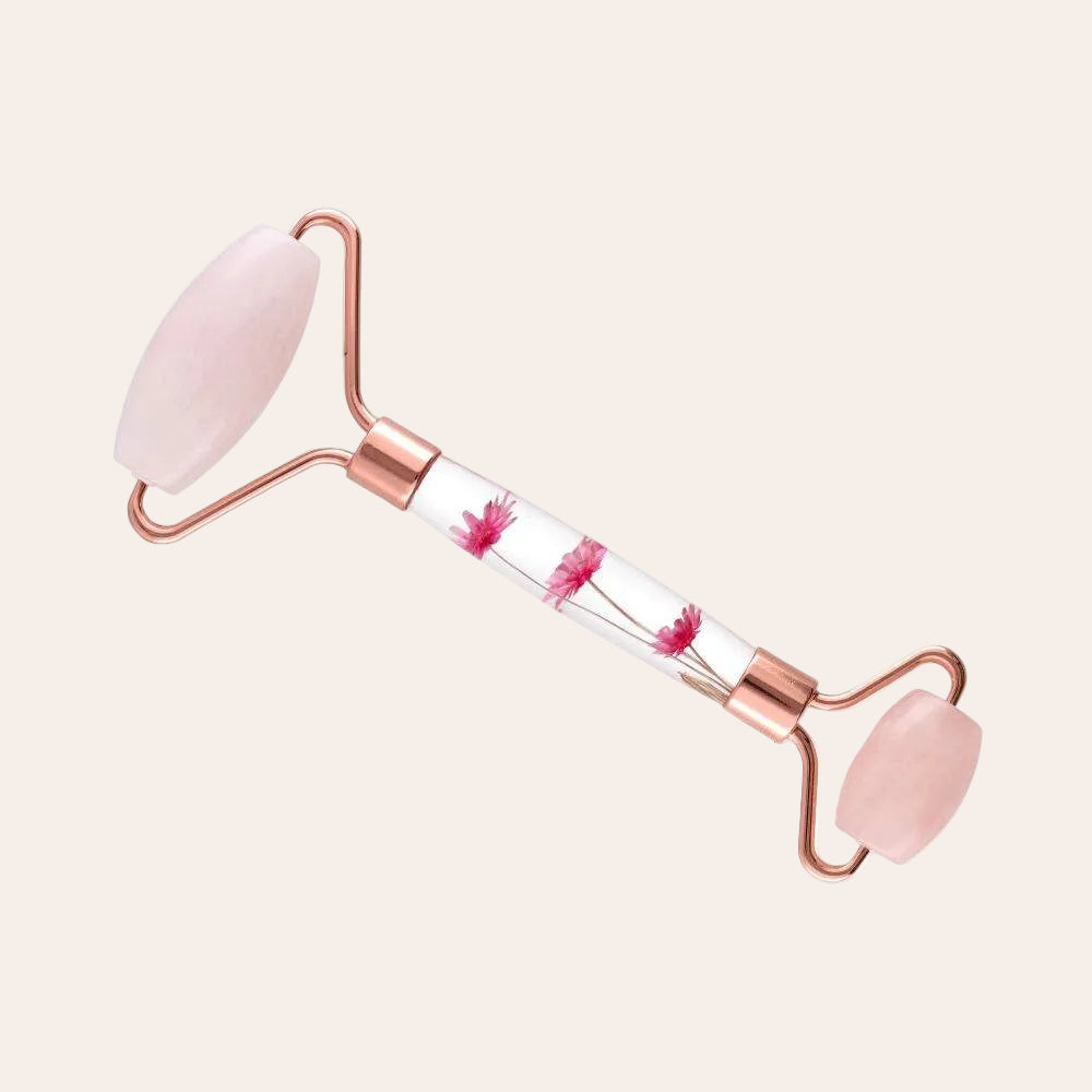 Rose quartz massage device with double roller and flowers
